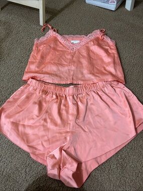 Colsie Coral Lace-Trim Satin Cami & Shorts Pajama Set